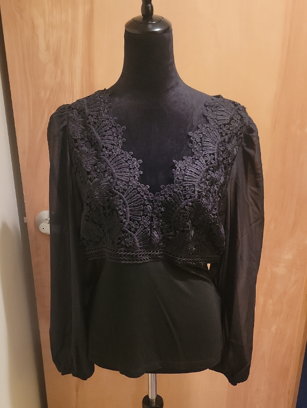 Boston Proper Black Lace-Trim V-Neck Long Sleeve Top